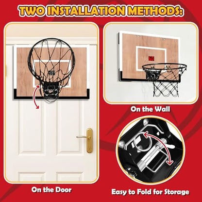 NZQXJXZ Indoor Basketball Hoop for Kids, Mini Basketball Hoops Over The Door and Wall Mount with Wooden Backboard, 3 Balls and Pump, Idea Toys Gifts for Kids and Adult,Score Version