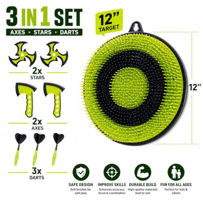 Leeray 3-in-1 Bristle Target Board Game – Axe Throwing Game for Backyard with Throwing Axes, Soft Tip Darts, and Ninja Stars – Safe Outdoor Games & Kids Toys for Ages 6+