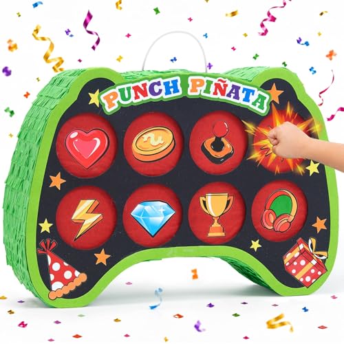WERNNSAI Game Punch Piñata - Punch Box Piñata with 4 Replacement Punch Papers & 4 Sets of DIY Stickers, Hanging Unboxing Game Supplies for Video Game Party, Gamer Birthday, School Carnival Decor - style: Game Punch