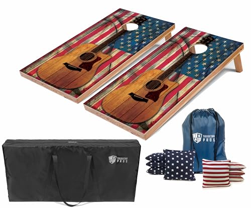 Tailgating Pros Cornhole Boards - 4'x2' Lightweight Regulation Flag & Patriotic Outdoor Themed Cornhole Game w/Carrying Case & Set of 8 Corn Hole Bean Bags w/Tote - color: USA Guitar