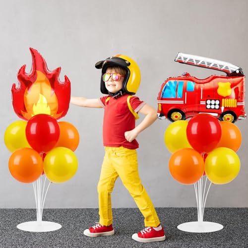 Fire Party Balloons Stand Kit 2 Sets with 2 Fire Truck Foil Balloons Fireman Firefighter Themed Party Balloon Centerpiece for Tables for Firefighter Rescue Birthday Party Decorations - style: Fire