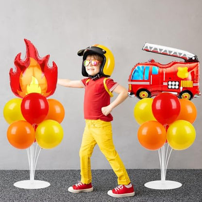Fire Party Balloons Stand Kit 2 Sets with 2 Fire Truck Foil Balloons Fireman Firefighter Themed Party Balloon Centerpiece for Tables for Firefighter Rescue Birthday Party Decorations - style: Fire