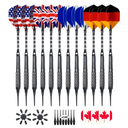 12 Pack Soft Tip Darts - Plastic Tip Darts 18 Grams with 100 Extra Dart Tips, Dart Flight Protector, Aluminum Shafts and Rubber O-Rings - style: B