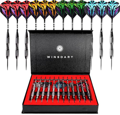 WINSDART Steel Tip Darts 12 Pack Set with Nonslip Iron Barrel Aluminum Dart Shafts and Flights Darts Sharpener an Gift Box - color: Black-Darts-J