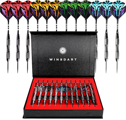 WINSDART Steel Tip Darts 12 Pack Set with Nonslip Iron Barrel Aluminum Dart Shafts and Flights Darts Sharpener an Gift Box - color: Black-Darts-J