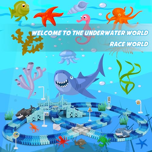 Track Race Car Toys for Kids, Create A Ocean World Race Road, Flexible Tracks Playset & 2PCS Cool Shark Cars, Toddler Toys Birthday Gifts for Age 3 4 5 6 Year Old Boys Girls - color: Blue-shark