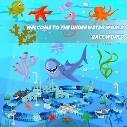 Track Race Car Toys for Kids, Create A Ocean World Race Road, Flexible Tracks Playset & 2PCS Cool Shark Cars, Toddler Toys Birthday Gifts for Age 3 4 5 6 Year Old Boys Girls - color: Blue-shark