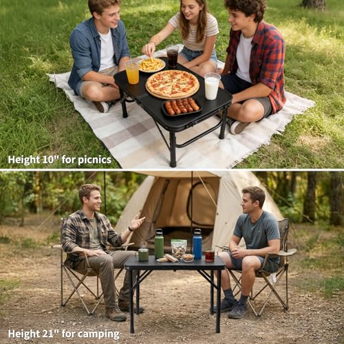 2FT Small Camping Portable Table, Black Aluminum Frame, Adjustable Height up to 21", Lightweight Carry Handle, Portable for Travel, Camping Outdoor Use - size: 2 ft × 1.3 ft × 1.78 ft H, No Umbrella Hole