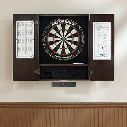 Viper Metropolitan Solid Wood Cabinet & Sisal/Bristle Dartboard Play-Ready Bundle: Elite Set (Razorback Dartboard, Darts and Laser Throw Line), Espresso Finish