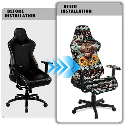 Highland Cow Print Gaming Chair Cover with Armrest Covers Aztec Sunflower Print Computer Chair Seat Slipcovers Universal Fit for Desk/Swivel/Rotating Chairs Protector - color: Multi - Highland Cow Aztec Sunflower