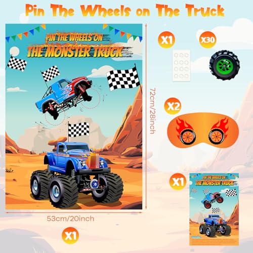 PLULON Pin The Wheels on The Truck Party Game for Kids, Birthday Pin The Tail Games Big Poster with Tyres Stickers for Car Theme Party Favors Decorations Boys Birthday Party Supplies - style: Truck