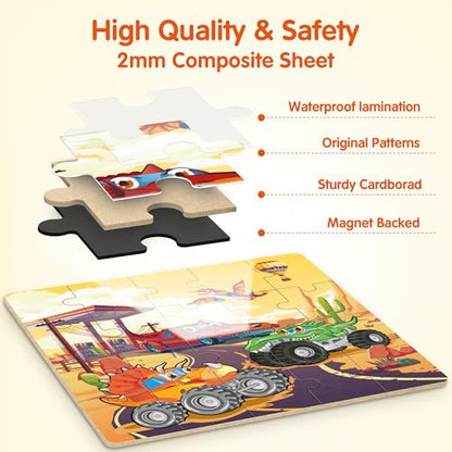 SYNARRY Magnetic Puzzles for Toddlers 3-5, 20 Pieces Travel Puzzles for Kids Ages 4-6, Easter Basket Stuffers Gifts for Kids, Car Airplane Road Trip Activities Toys for 3 4 5 6 Year Old Children - style: Truck