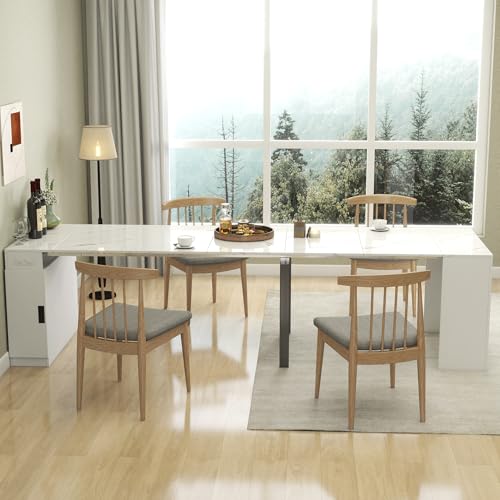 24"-118" Extendable Dining Table with Storage for 2-12 People, Modern Space-Saving Extra Long Wood Folding Table with USB & AC Outlets, Multifunctional Conference Meeting Table, White Marble - color: White Marble, style: 24" - 118.5" (2-12 People)