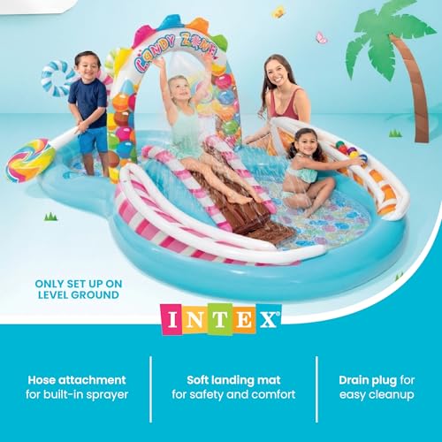 INTEX Candy Zone Inflatable Kiddie Pool: Inflatable Kids Pool with Water Sprayer and Slide – Splash Pad – 116" x 75" x 51" – Ages 3+ - color: Multicolor, size: 116" x 75" x 51"
