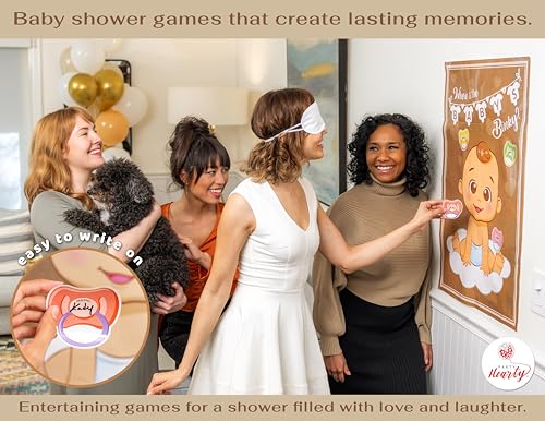 Party Hearty Pin the Pacifier on the Baby, Baby Shower Game - Kraft Boy | 1 Large Poster, 56 Colorful Binky Stickers, 1 Blindfold & Double-Sided Tape - color: Boy Kraft - Pin the Binky