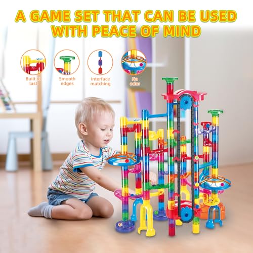 Tucrae 224 PCS Marble Runs Toys with Automatic Elevator Glowing Marble Maze Building Set STEM Puzzle Toys for 3 4 5+ Boys & Girls Children's Day, Christmas Easter Gifts(Containing 60 Marbles)