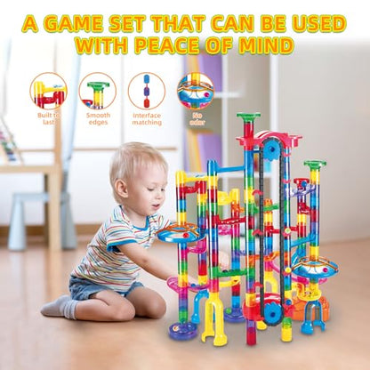 Tucrae 224 PCS Marble Runs Toys with Automatic Elevator Glowing Marble Maze Building Set STEM Puzzle Toys for 3 4 5+ Boys & Girls Children's Day, Christmas Easter Gifts(Containing 60 Marbles)