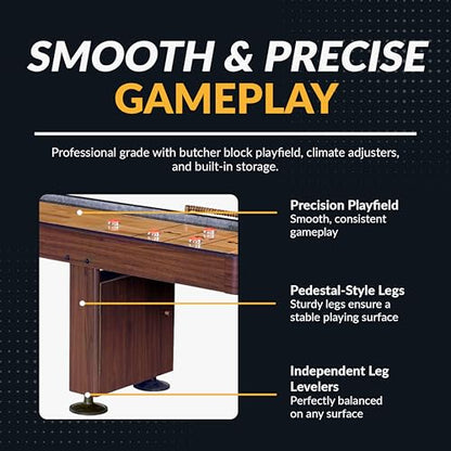 Hathaway Challenger Shuffleboard Table for Family Arcade Game Room - with Poly-Coated Playfield, Built-in Scorer & Cabinet, Climate Adjusters, Leg Levelers, 8 Pucks, Brush & Wax - Walnut Finish - size: 12-foot