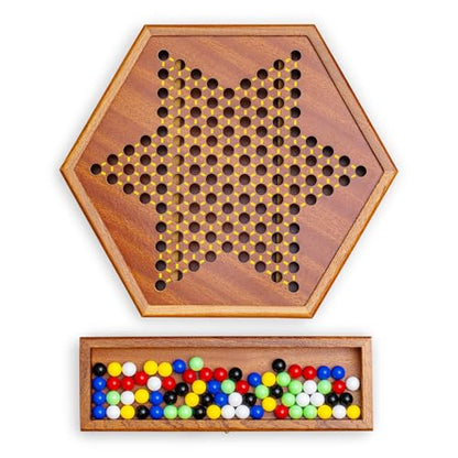 Wooden Chinese Checkers Game Set with Storage Drawer, 12.6 inches - Includes 60 Colorful Acrylic Chess Pieces (6 Colors) - Classic Strategy Board Game