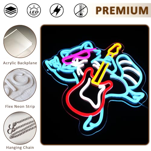 Raccoon Guitar Neon Sign for Wall Decor, Cool Guitarist Led Signs for Bedroom, USB Dimmable Cute Animal Neon Lights for Bar Live Music Concert Club Game Room Studio Party Home Decoration - style: Raccoon Guitar