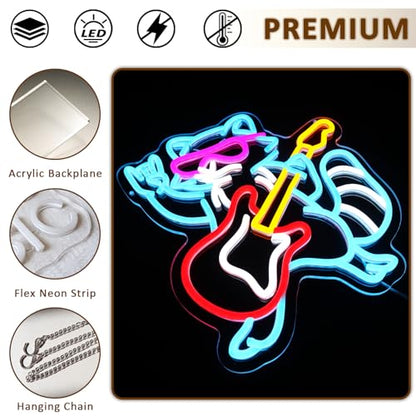 Raccoon Guitar Neon Sign for Wall Decor, Cool Guitarist Led Signs for Bedroom, USB Dimmable Cute Animal Neon Lights for Bar Live Music Concert Club Game Room Studio Party Home Decoration - style: Raccoon Guitar