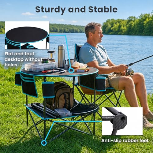 FUNDANGO Portable Camping Table Foldable, Lightweight 2-Tier Folding Beach Table with 4-Cup Holders & Carry Bag for Picnic Tailgate Backyard Outdoor