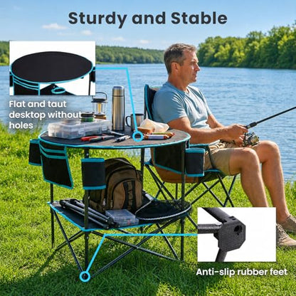 FUNDANGO Portable Camping Table Foldable, Lightweight 2-Tier Folding Beach Table with 4-Cup Holders & Carry Bag for Picnic Tailgate Backyard Outdoor