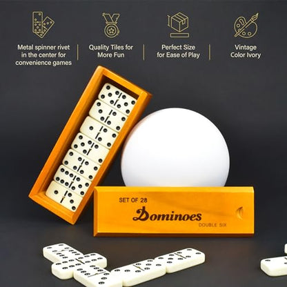 Queensell Dominos Set for Adults – Dominoes - Classic Board Games, Double 6 Dominoes Family Games for Kids and Adults - Double Six Standard Dominos Set 28 Tiles with Wood Case, Juegos de Mesa - style: Medium