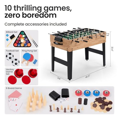 10-in-1 Foosball Table, 48" Combo Game Table - Ping Pong, Air Hockey, Pool, Soccer - All-in-One Game Table with Accessories for Indoor Outdoor Game Rooms and Family Game