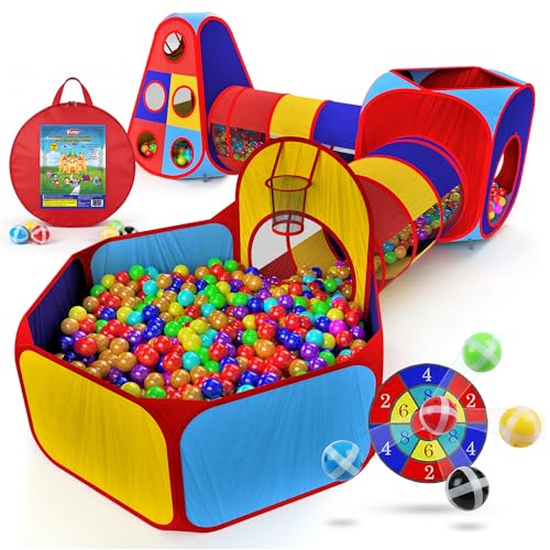 Playz 5pc Kids' Play Tents & Tunnels - Ball Pit for Toddlers, Basketball Hoop, Crawling Tubes, Pop-Up Playhouses, Baby Obstacle Course for Indoor or Outdoor Use - color: Blue, Yellow, Red