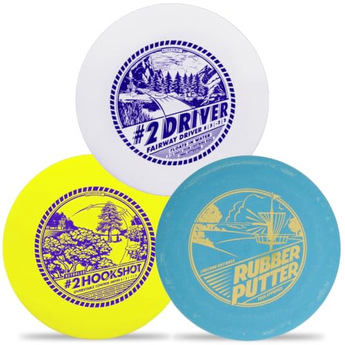 Lightning Disc Golf 3-Disc Set – Rubber Putter (2 | 3 | 0 | 0.5), #2 Hookshot (6 | 5 | -1 | 2), #2 Driver (8 | 5 | -2 | 2) – Sure Grip Plastic for Beginners - Contains a Driver, Midrange & Putter