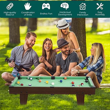 Portable Pool Table & Billiard Set, Mini Billiards Game, Small Tabletop Pool Set Includes Balls, Sticks, Chalk, Brush & Triangle for Family