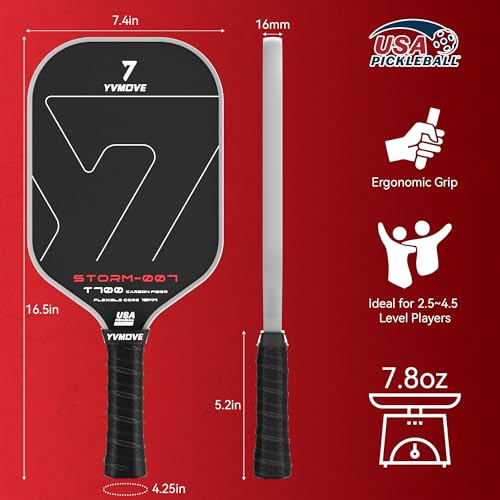 YVmove USAPA Approved Raw Carbon Fiber Pickleball Paddle, 16mm Thermoformed Pickleball Racket with High Spin & Extended Grip, Professional Pickleball Paddle for Control and Power - color: Pure Black
