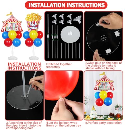 Carnival Circus Birthday Party Balloons Stand Kit 2 Sets with 2 Circus Tent Popcorn Foil Balloons Plim Themed Red Blue Yellow Balloon Centerpiece for Tables for Carnival Birthday Party Decorations - style: Carnival Circus