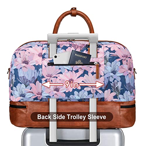 Weekender Bag for Women, Large Overnight Bag Canvas Travel Duffel Bag Carry On Tote with Shoe Compartment 21" 3Pcs Set - color: A10-brown+blue flower