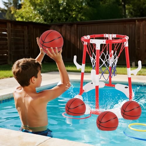 yofit 3-in-1 Pool Basketball Hoop Set, Floating Pool Toys with 14 Balls 12 Rings Toss Games Pump, Outdoor Summer Basketball Game at Swimming Poolside for Kids Ages 4-12 Adults Family Fun - color: Red