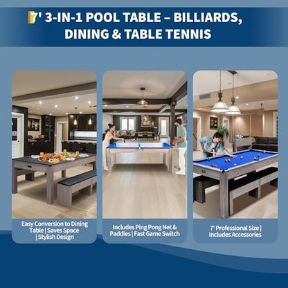 7FT 3-in-1 Convertible Pool Table for Home & Game Rooms – Billiard, Dining, and Table Tennis Combo – Includes Cue Sticks, Balls, Table Tennis Accessories, and Rolling Storage Cart – - color: Blue