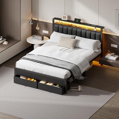 Furnulem Queen Bed Frame with Charging Station and LED Lights, Grey Upholstered Headboard with Shelves, Metal Platform Bed with 2 Under-Bed Storage (Fabric Drawer on Wheels), No Box Spring Needed - size: Queen