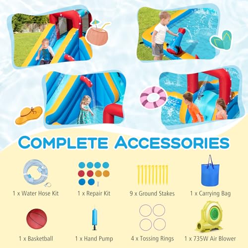 BOUNTECH Inflatable Water Slide Park, 9-in-1 Mega Water Bounce House Bouncy Castle w/2 Large Splash Pools, 735w Blower, Blow up Water Slide Inflatables for Big Kids Aged 3-12 Backyard Party Gifts - style: With 735w Air Blower