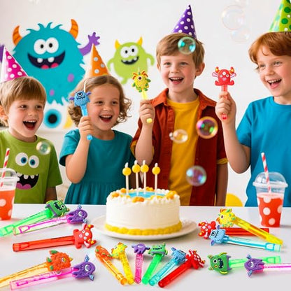 Winrayk Monster Party Favors, 24Pcs Self-designed Mini Bubble Wands for Kids Bubbles Bulk with Detachable Topper (6 Styles & Colors), Birthday Gift Toy Pinata Filler Goodie Bag Stuffer Classroom Prize - style: Monster