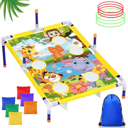 Leitee 2 in 1 Bean Bags Toss Game Animal Cornhole Bean Bags Ring Toss Game Kids Cornhole Games Set Party Carnival Games Toys Gifts Birthday Games Ideal Birthday for Ages 4-8 Toddlers