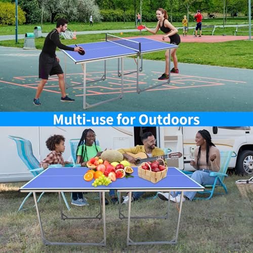 Compact Ping Pong Table, 6ft Mid-Size Indoor/Outdoor Table Tennis Game Set, Foldable, Portable Table Tennis Table with Net, 2 Table Tennis Paddles and 3 Balls