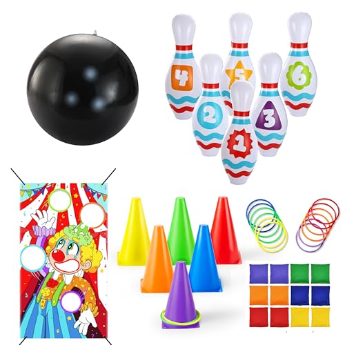 JOYIN Giant Inflatable Bowling and 31PCS 3 in 1 Carnival Play Set for Toddlers & Adults, Outdoor & Indoor Family Fun Games, Lawn Games