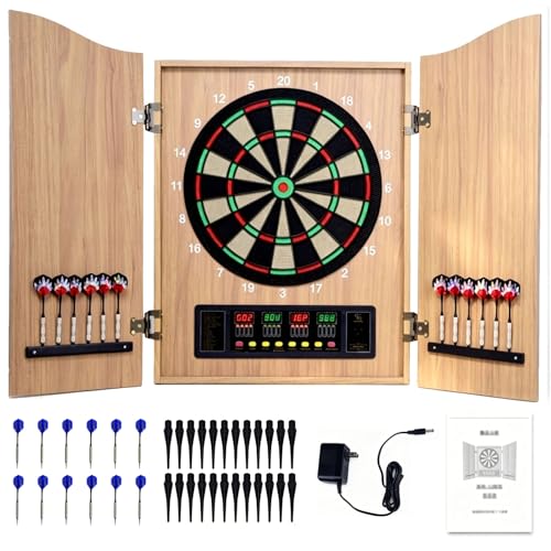 Wall-Mounted Electronic Dart Board Cabinet Set, Double Wood Door Panel Electric Darts Machine with Digital Scoreboard and LCD Display, 12 Soft Tip Darts and 88 Dart Head - color: Natural wood