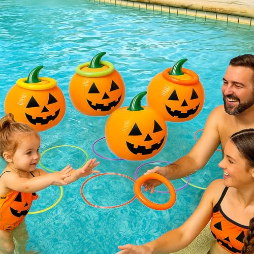 VioraWhite Summer Halloween Ring Toss Game Inflatable Pumpkin Pool Toys Ring Toss Pool Game Halloween Pumpkin Beach Balls Toys Set for Party Yard Garden Lawn Decoration