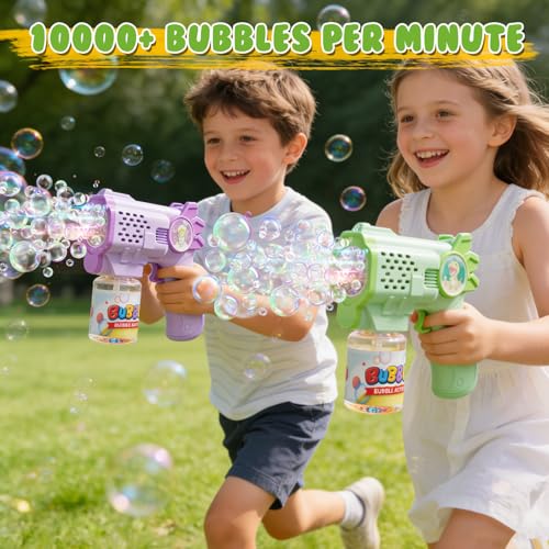 EagleStone Bubble Guns Bubble Machine for Toddlers, 10,000 Bubbles/Min Automatic Bubble Blower with Lights, 4 Pre-Filled Solutions, Light Up Bubble Blaster Outdoor Easter Birthday Gifts for Boys Girls - color: Green,purple