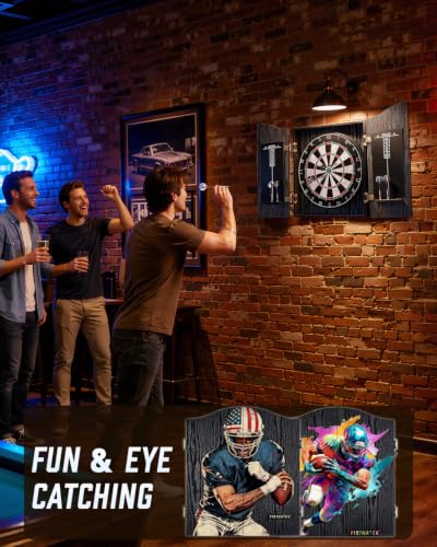 Sisal Dart Board Cabinet Sets, Decorative Dart Boards for Adults [6*Steel Darts] - Wooden Dartboard Cabinet with Integrated Scoreboard for Family Game Rooms - [FOOTBALL01]