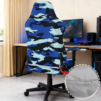 Blue Camo Gaming Chair Cover Cat Scratch Proof Non Slip Stretchable Gaming Chair Covers Slipcovers Attached Arms Breathable Washable Swivel Armchair Slipcovers of Computer Video Game Office - color: Blue Camo