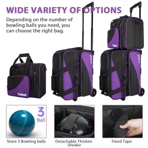 Goloni 3 Ball Bowling Bag with Wheels, 2+1 Double Roller Bowling Bag with Shoe Compartment,Tote Bag for Bowling Accessories - color: 3 Ball-Purple