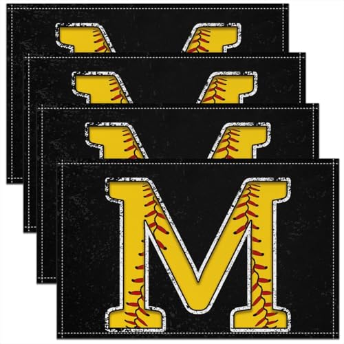 Erosebridal Initial Letter M Placemats 12x18 inch Set of 4 Baseball Monogrammed Place Mats for Dining Table | Red Lace Seam Table Place Mats Softball Sports Yellow Black Scratch Proof Placemats - color: Yellow M